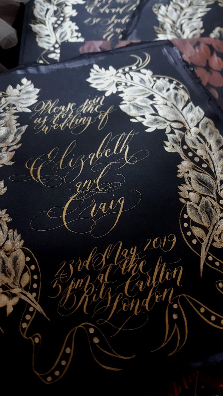 Black Tie Party Invitation with gold hand painted crest detail