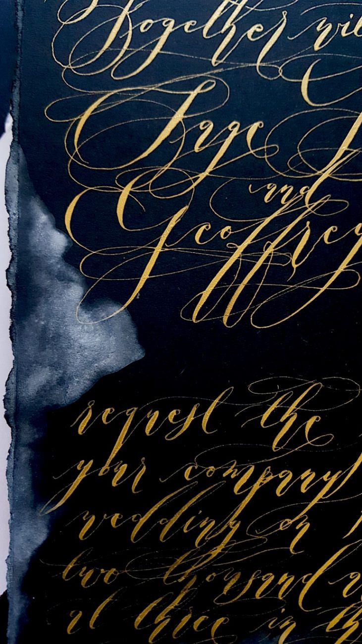 Custom Hand Painted Wedding Invitations black invitation with gold calligraphy