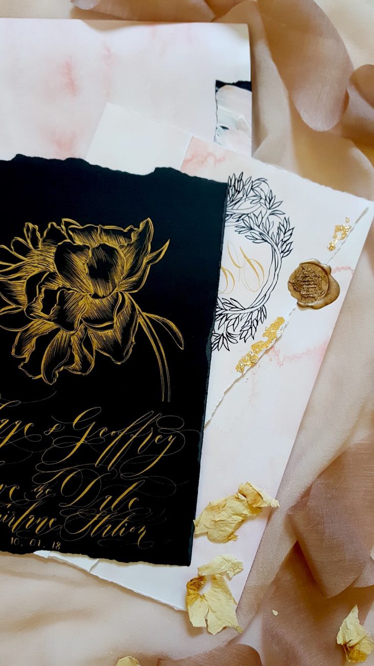 Custom Hand Painted Wedding Invitations save the date details with gold wax stamp