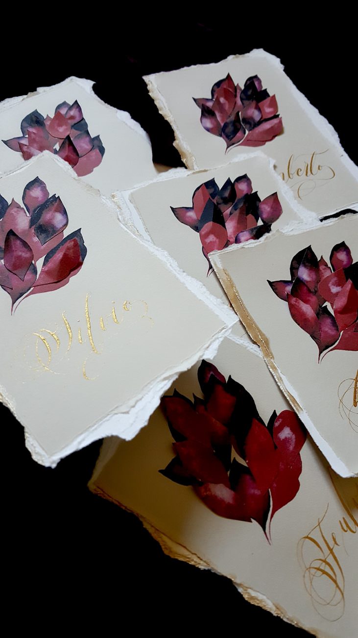 Italian Themed Wedding Invitations - place names with red leaves