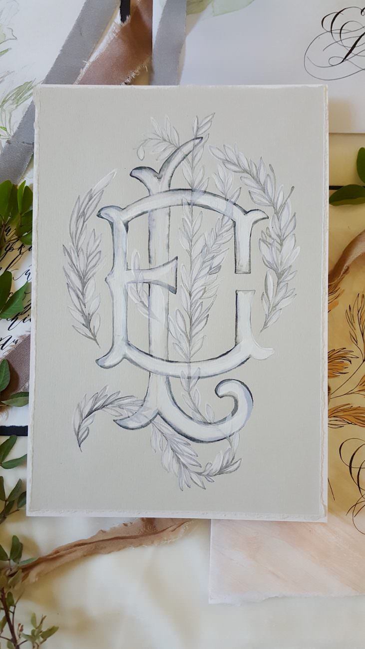 Watercolour Wedding Invitations bride and grooms monogram design