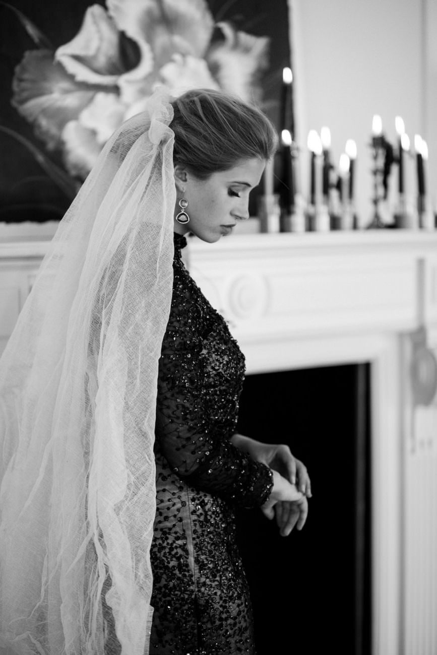 Fine Art Black Tie Wedding Inspiration Shoot bride in a black sequin dress with veil