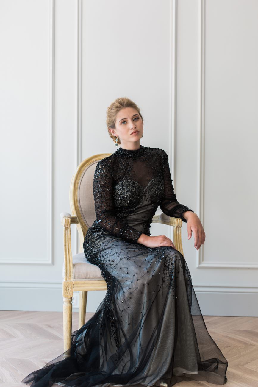Fine Art Black Tie Wedding Inspiration Shoot bride on chair
