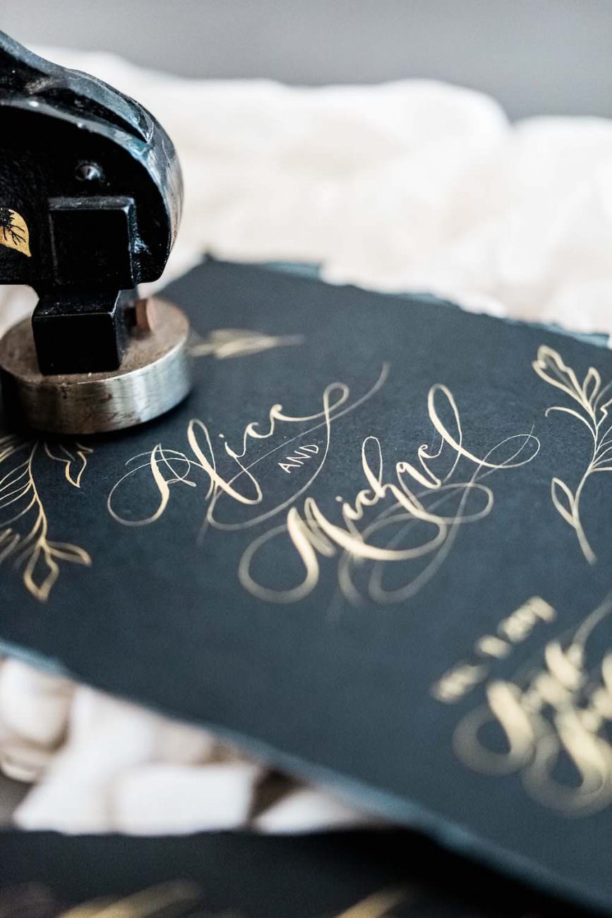 Fine Art Black Tie Wedding Inspiration Shoot calligraphy black invitation monogram card