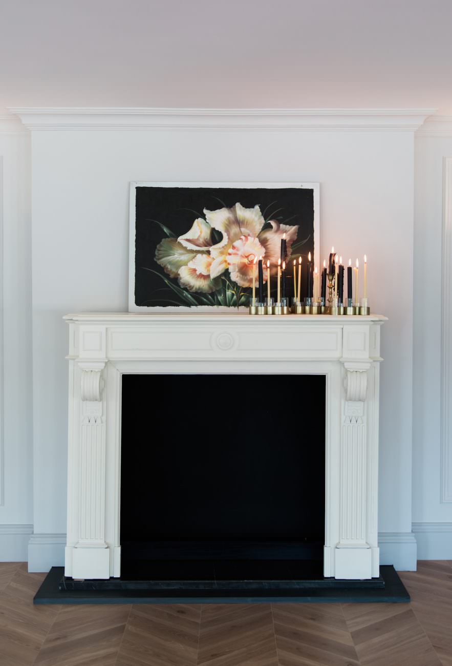 Fine Art Black Tie Wedding Inspiration Shoot fireplace with candles and painting