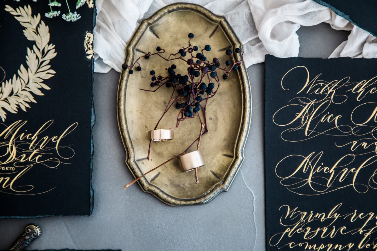 Fine Art Black Tie Wedding Inspiration Shoot gold tray