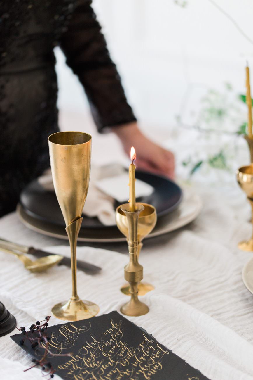 Fine Art Black Tie Wedding Inspiration Shoot menu and bride