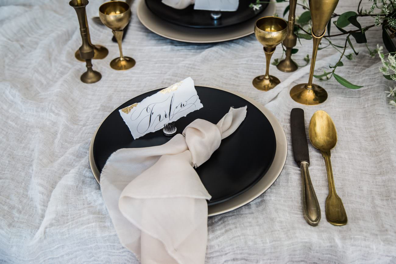 Fine Art Black Tie Wedding Inspiration Shoot place name on black plate