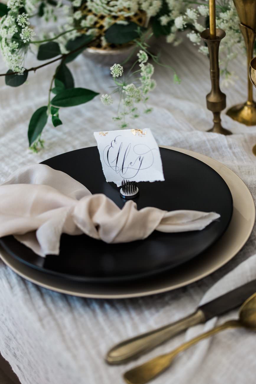 Fine Art Black Tie Wedding Inspiration Shoot place setting with place name