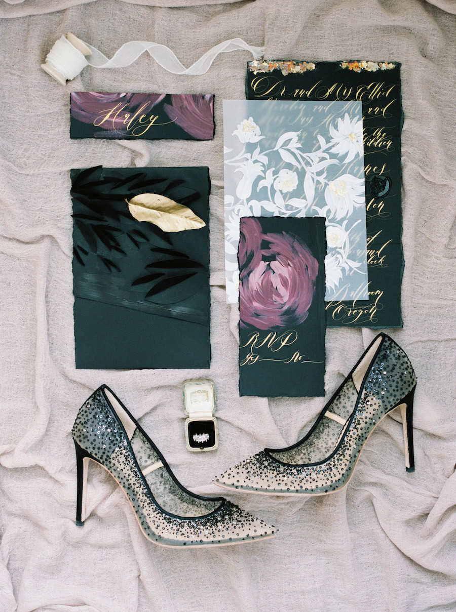 Luxury Hand Painted Wedding Invitations_ black tie wedding suite with dark lilac florals