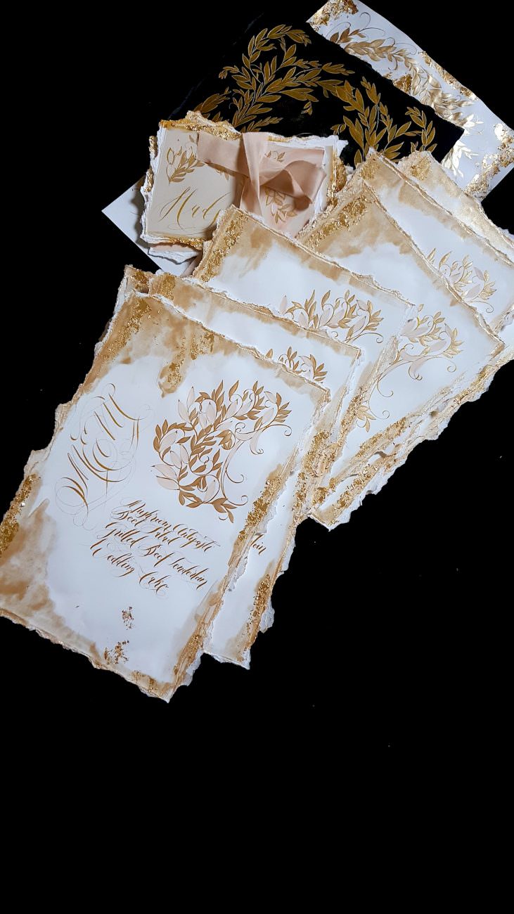 Custom Gold Foil Invitations - white and gold wedding menus
