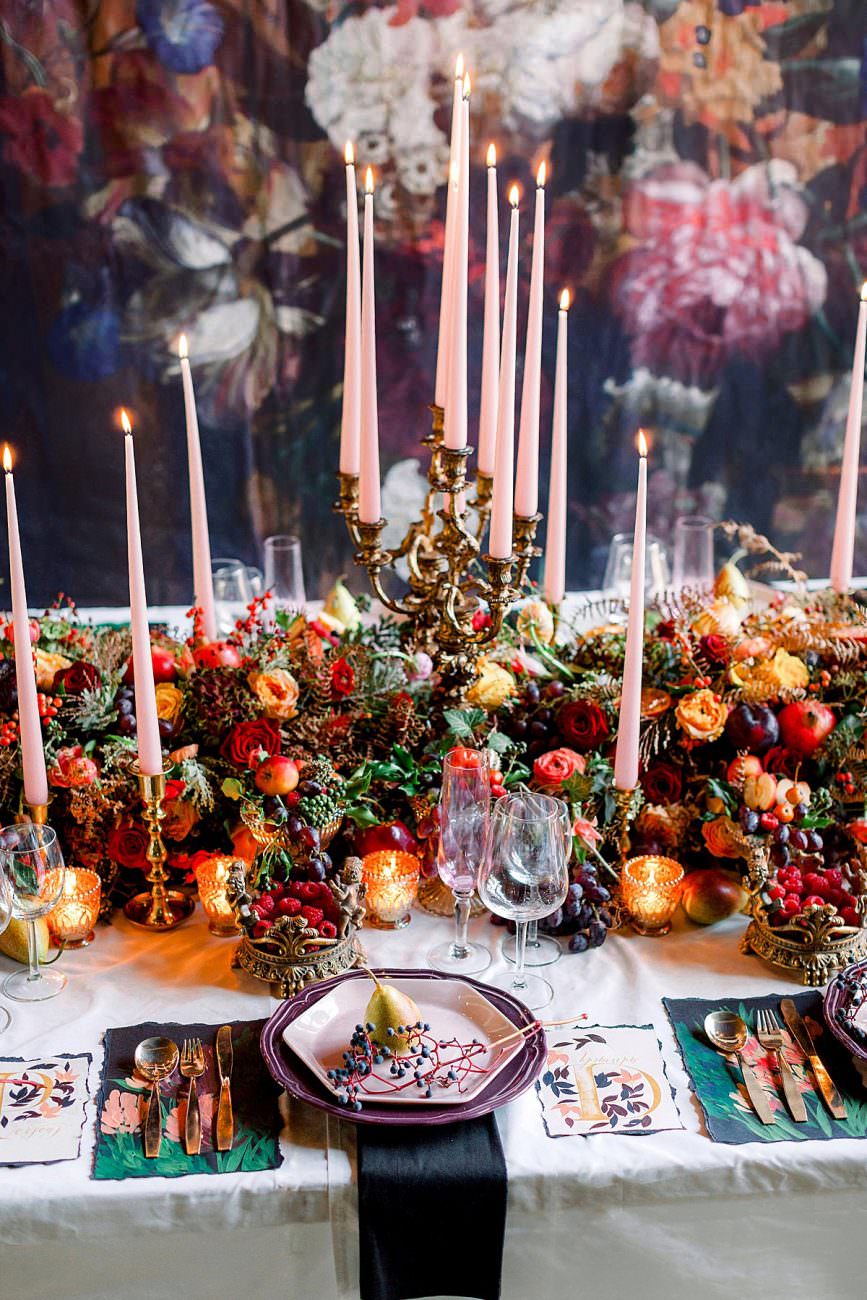 Baroque wedding reception with moody wedding stationery