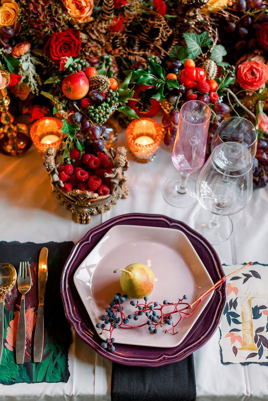 Baroque wedding with rich red winter table decor ideas with moody menus