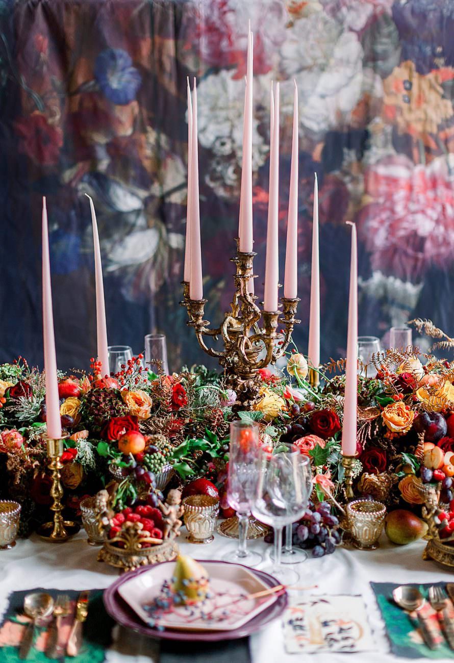 Baroque wedding with unlighted candles on the table