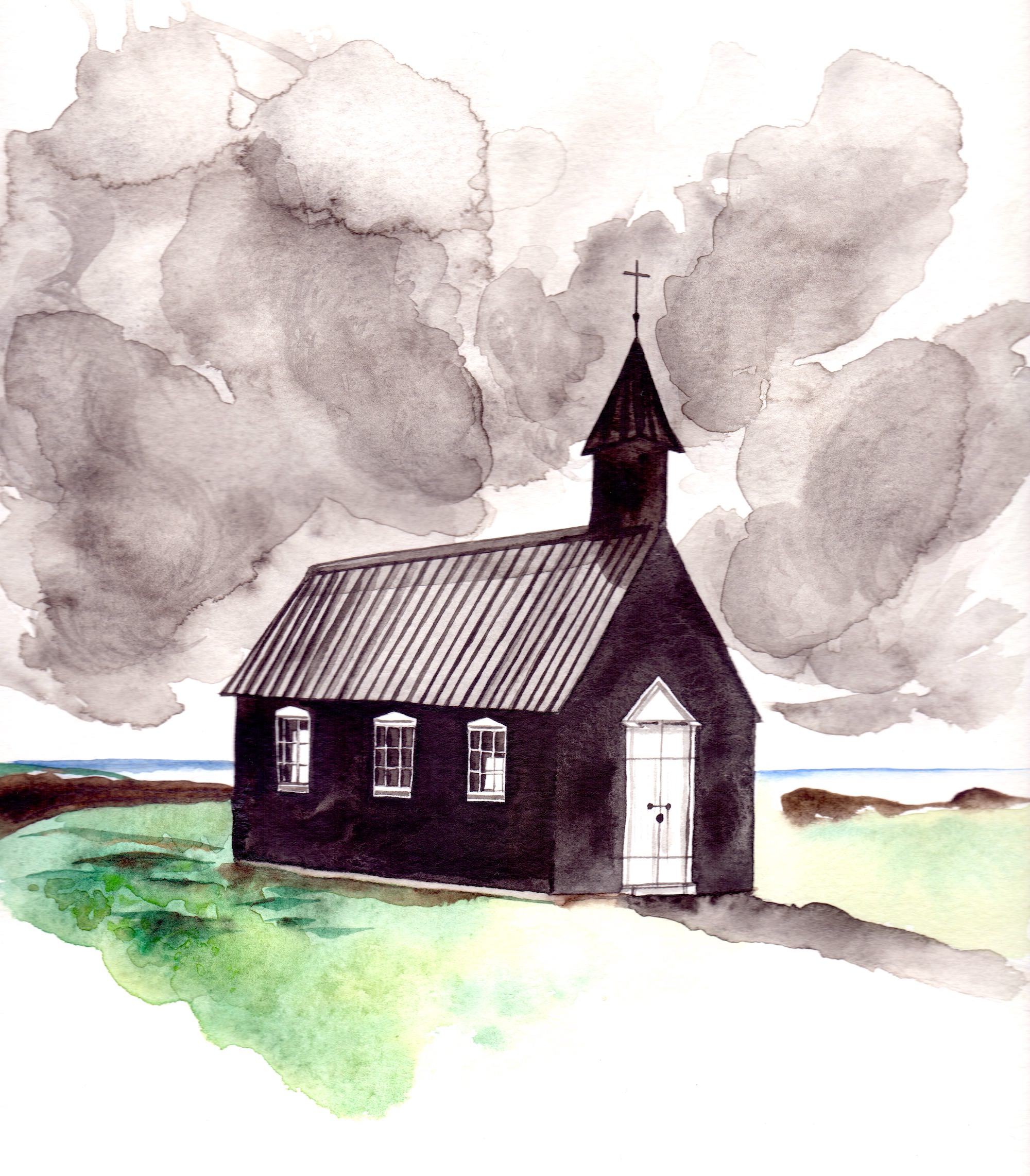 Illustrated wedding invitations showing a black church's watercolour