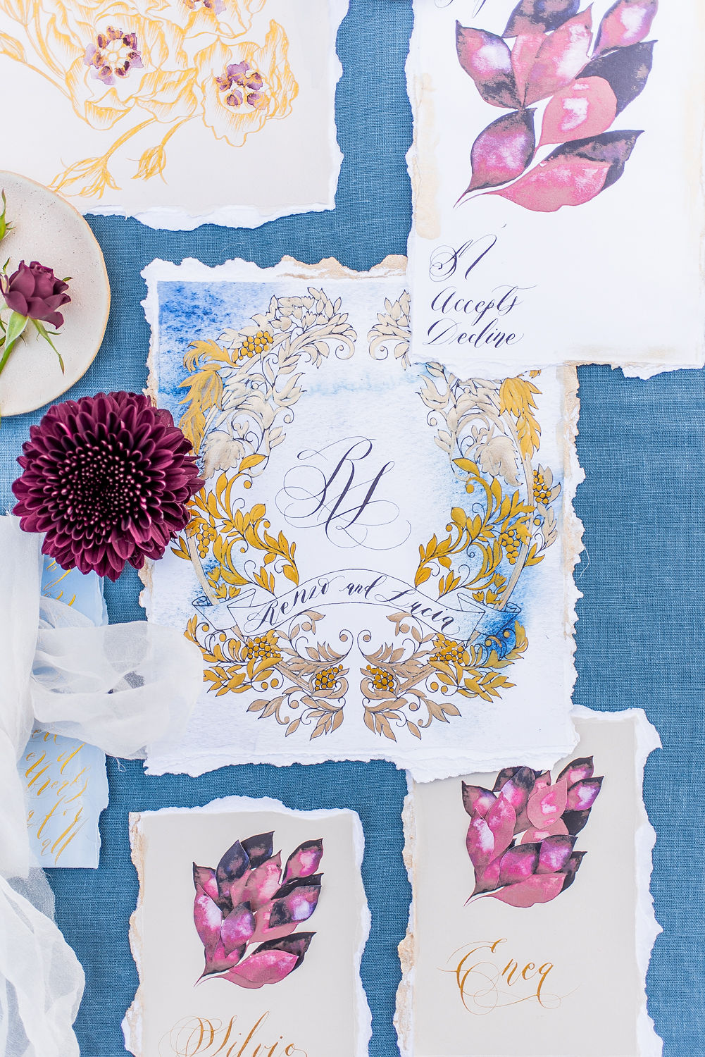 Italian Style wedding invitations with regal gold crest design