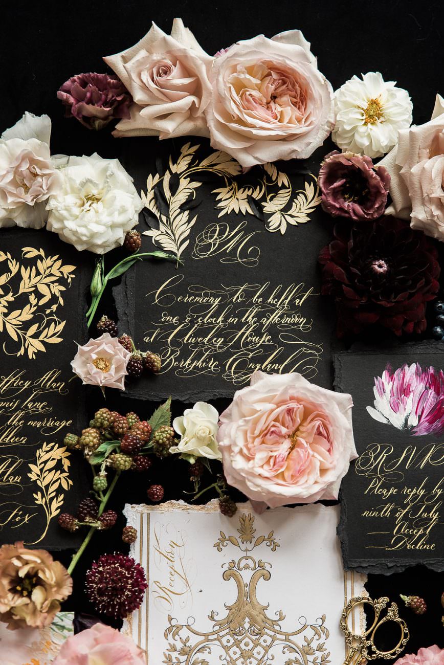 Luxury wedding invites with bold beautiful black and gold designs