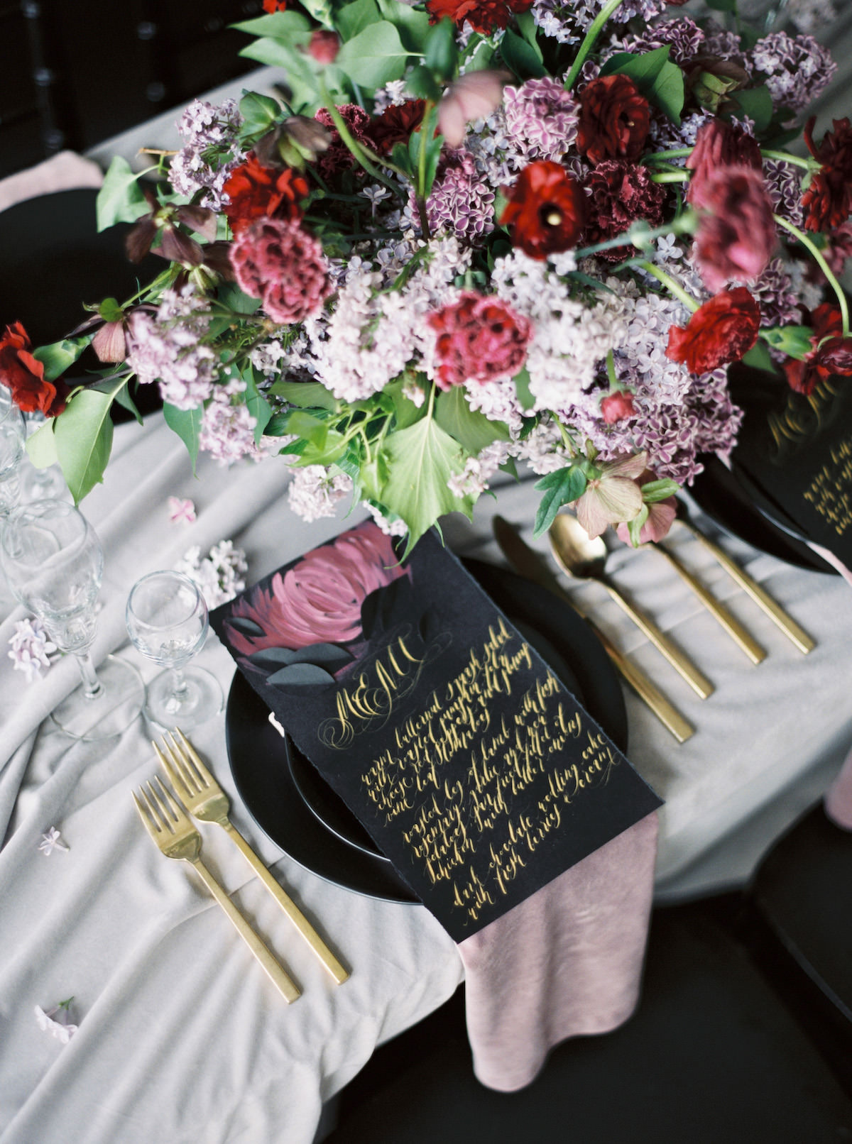 Moody wedding ideas for a table setting, with luxury fine art flowers and hand painted wedding stationery