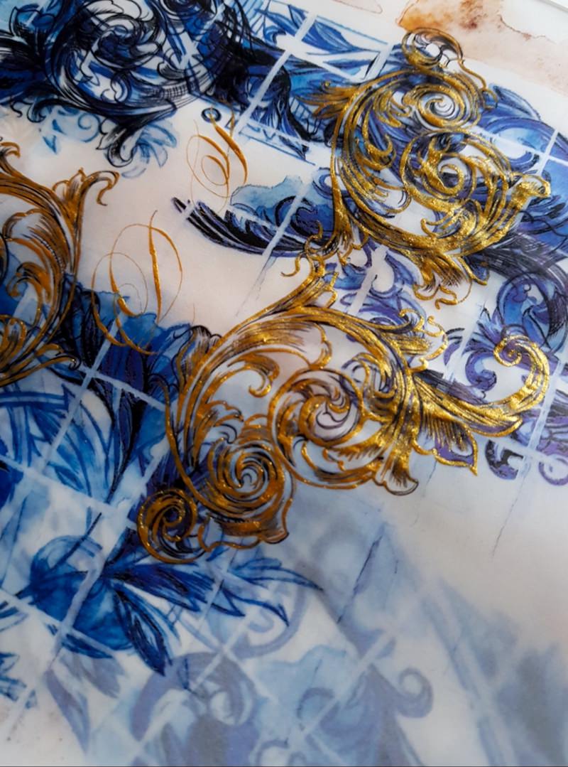 Azulejos blue tile artwork with gold filigree for a Portuguese themed destination wedding stationery suite