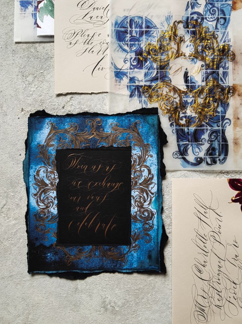 Dark navy blue and black wedding invitation card with gold calligraphy