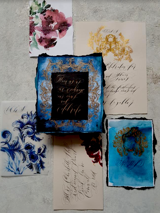 Romantic blue, beige and dark megenta wedding stationery suite inspired by Portugal