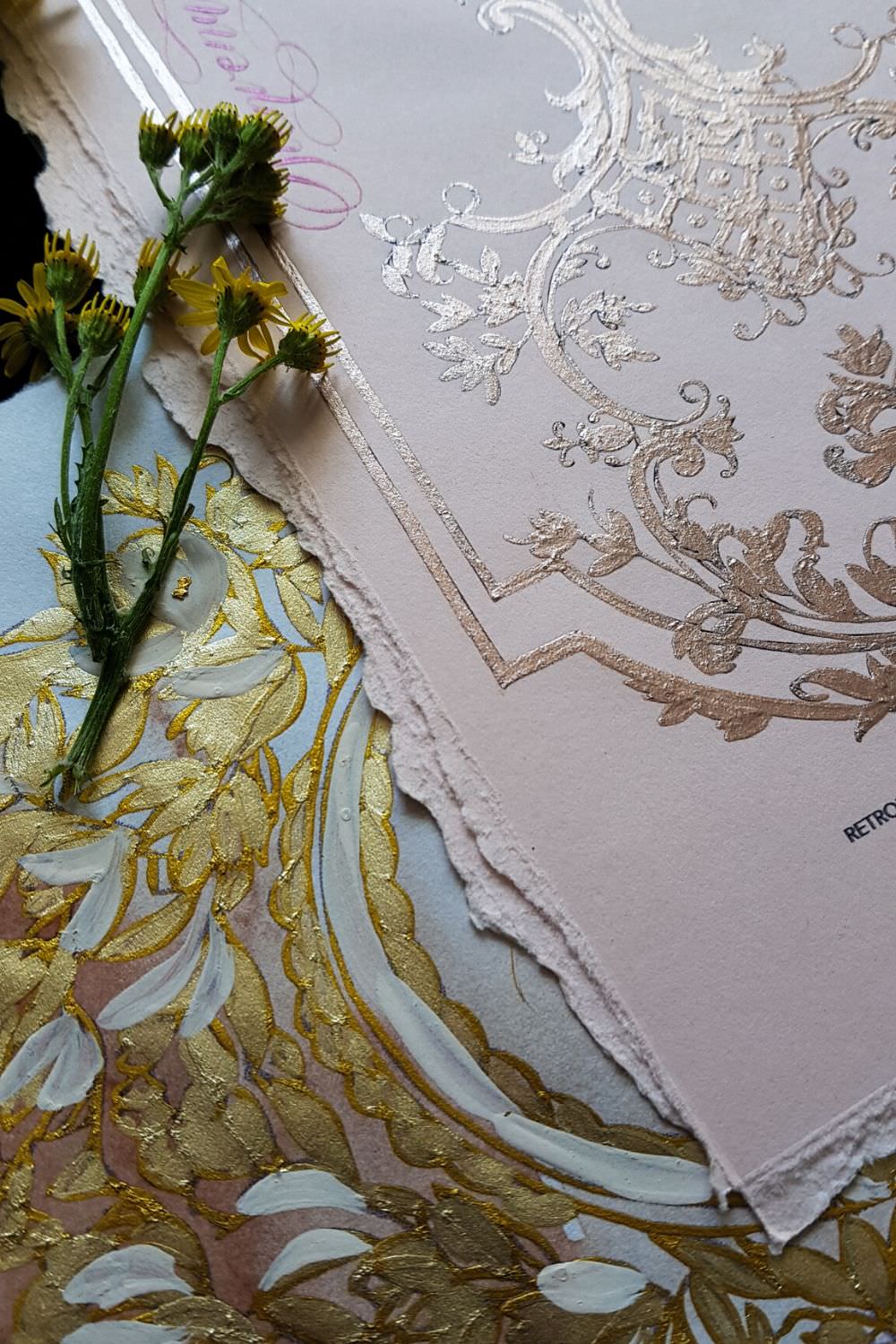 Italian wedding invitations with baby pink and deep blush with hand painted details