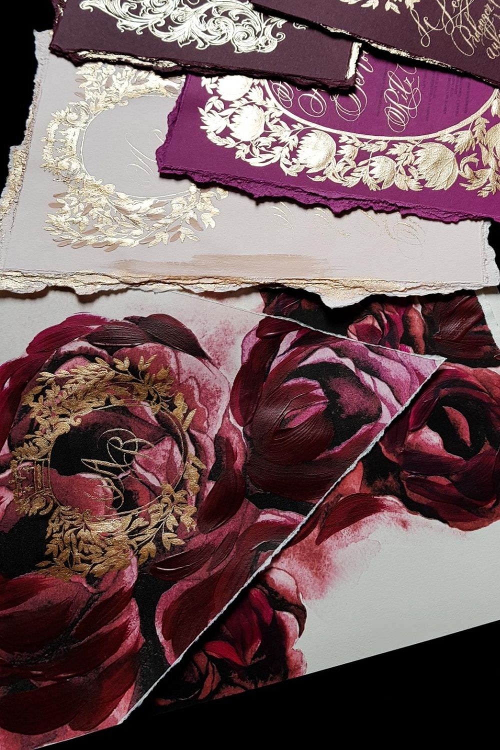 Fine art wedding invitations for a dramatic, bold, high-end red, pink and gold wedding in Paris