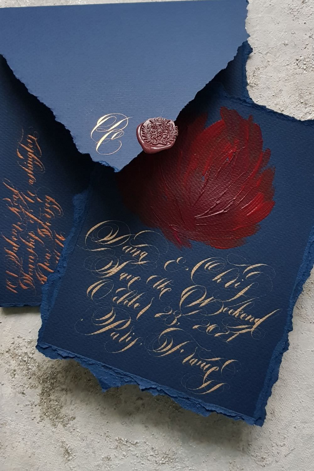 Elegant navy blue and gold wedding invitations
