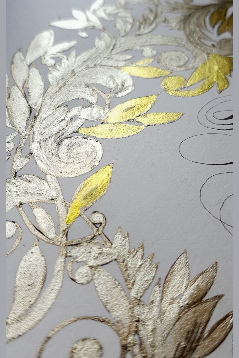 Luxury, ornate custom crest design with pale brown gold and deep rich gold for an Italian destination wedding