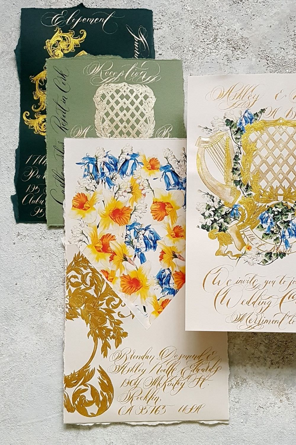 Ireland wedding invitations for a romantic and luxury elopement in the country with hues of dark green, forest green, cream and gold accents