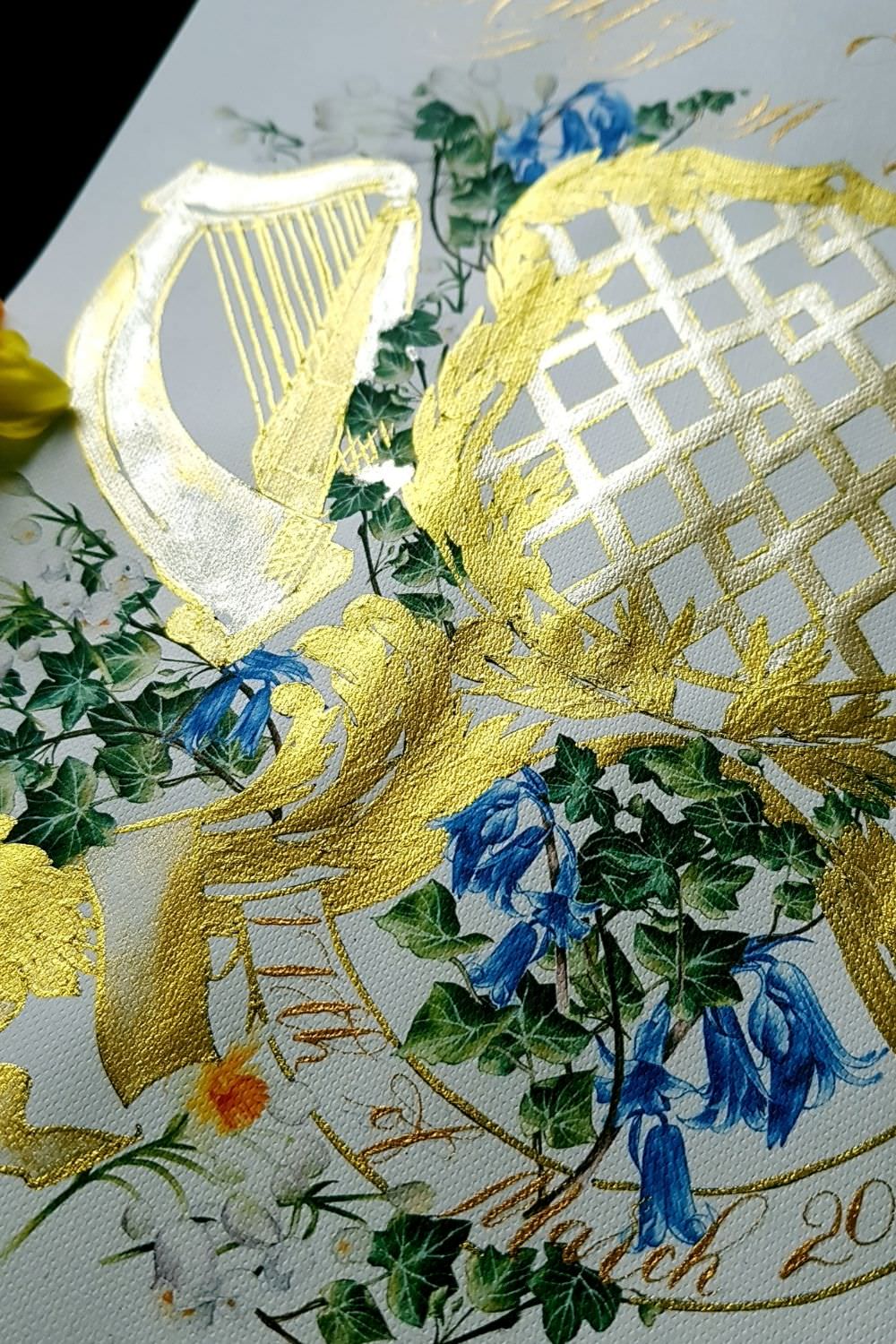 Irish wedding stationery suite with hand painted luxury gold crest design with a diamond pattern and floral watercolour painting illustrations for a classical yet striking country wedding