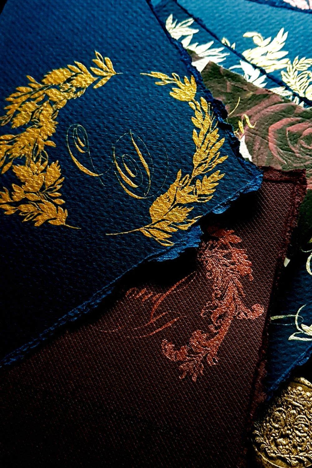 Luxury deep blue and gold wedding invitations with deep magenta and deep burgundy accents