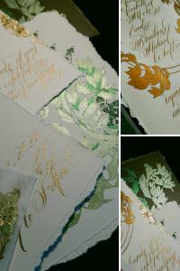 Classical white, gold and rich emerald green country style wedding invitations for a private estate manor house wedding
